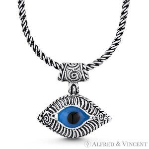 Evil Eye Glass Bead Charm 23x23mm Pendant in Oxidized .925 Sterling Silver